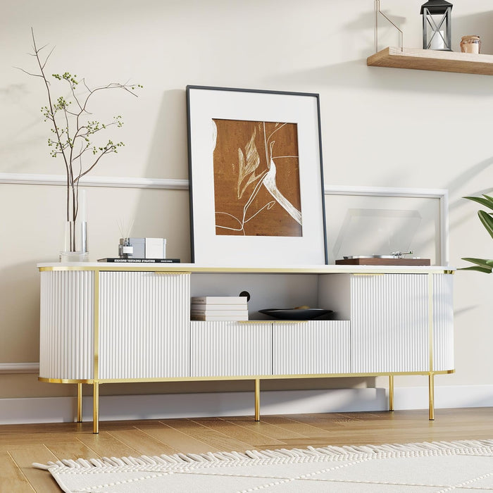 TV Consoles for Living Room: 70" Luxury Fluted White and Gold TV Stand Fits Tvs up to 80 Inch, Faux Marble Top Entertainment Center with Doors (White, 70 Inch TV Stand)