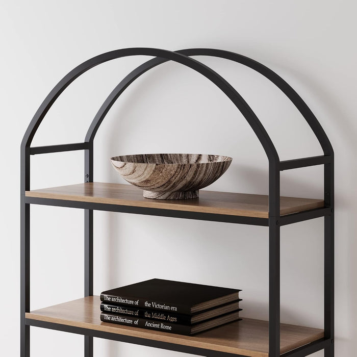 Nathan James Haven Etagere Bookshelf, 5-Shelf Bookcase in Oak Wood and Black Metal Frame with Arch Top and Open Shelves, Oak/Black, Set of 2
