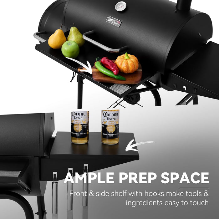 CC1624S Barrel Charcoal Grill with Offset Smoker, 552 Sq. In. Cooking Area, Steel Front Shelf, Steel Side Shelf with Hooks, Charcoal Grill for Outdoor Grilling, Black
