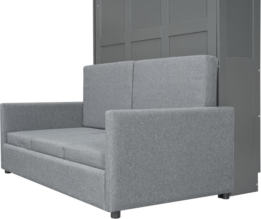 Full Size Murphy Bed, Wooden Full Murphy Bed with Cushion, Wall Bed with Sofa for Home Office or Small Room, Gray