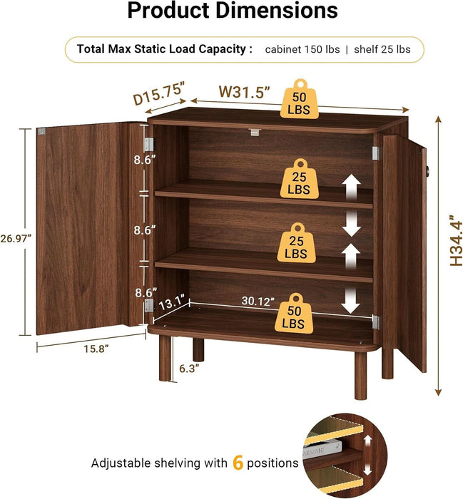 Fluted Sideboard Buffet Cabinet with Storage, 31'' Solid Wood Leg Walnut Wood Buffet with Adjustable Shelves, 210° Wide-Open Door, Rounded Credenza for Kitchen Living Room Entryway