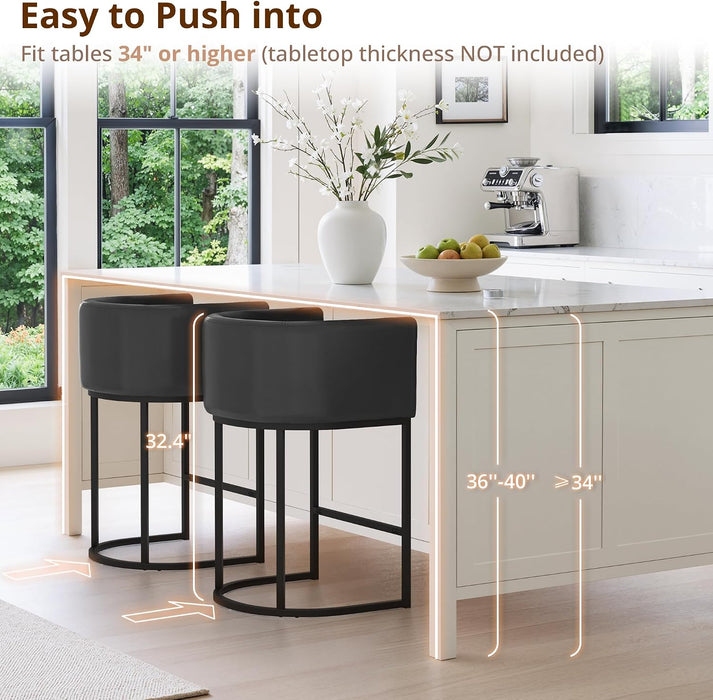 Counter Height Bar Stools Set of 3, Modern Barrel Counter Stools with Backrest and Arms, Black Metal Frames, Faux Leather Upholstered Accent Barstools for Kitchen Island, Black