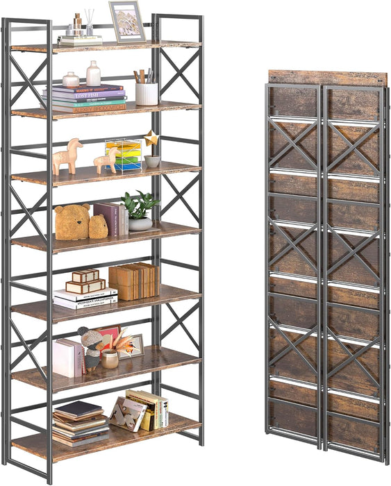 7 Tiers No Assembly Book Shelves, 72.4" H Folding Bookshelf Bookcase Open Industrial Foldable Shelves for Bedroom, Living Room, Home Office - Rustic Brown Black