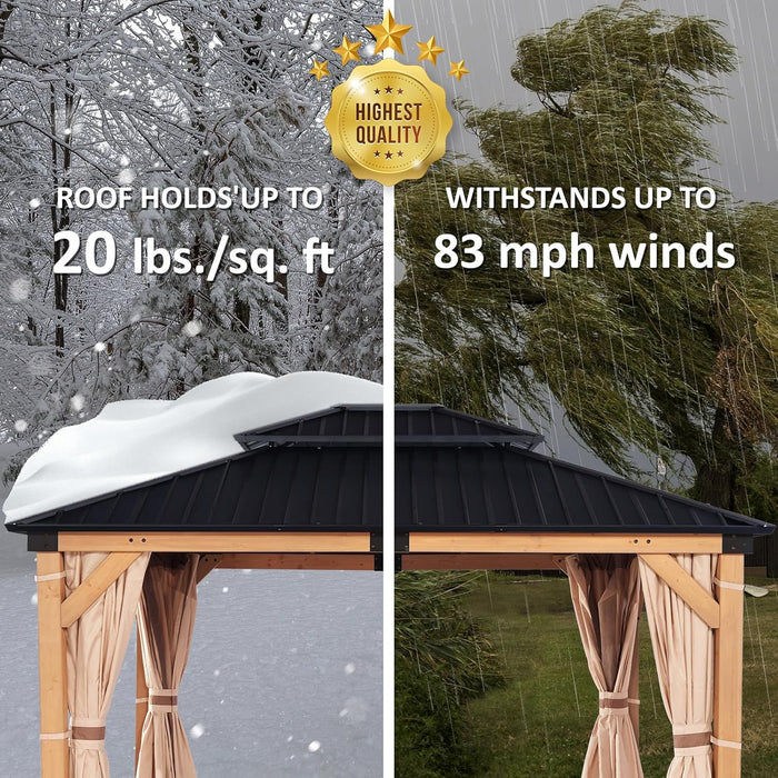 10X12 FT Cedar Wood Gazebo,Hardtop Wooden Gazebo with 4.6In Thickened Posts&High Load-Bearing Galvanized Steel Roof for Outdoor, Patio, Backyard-Natural