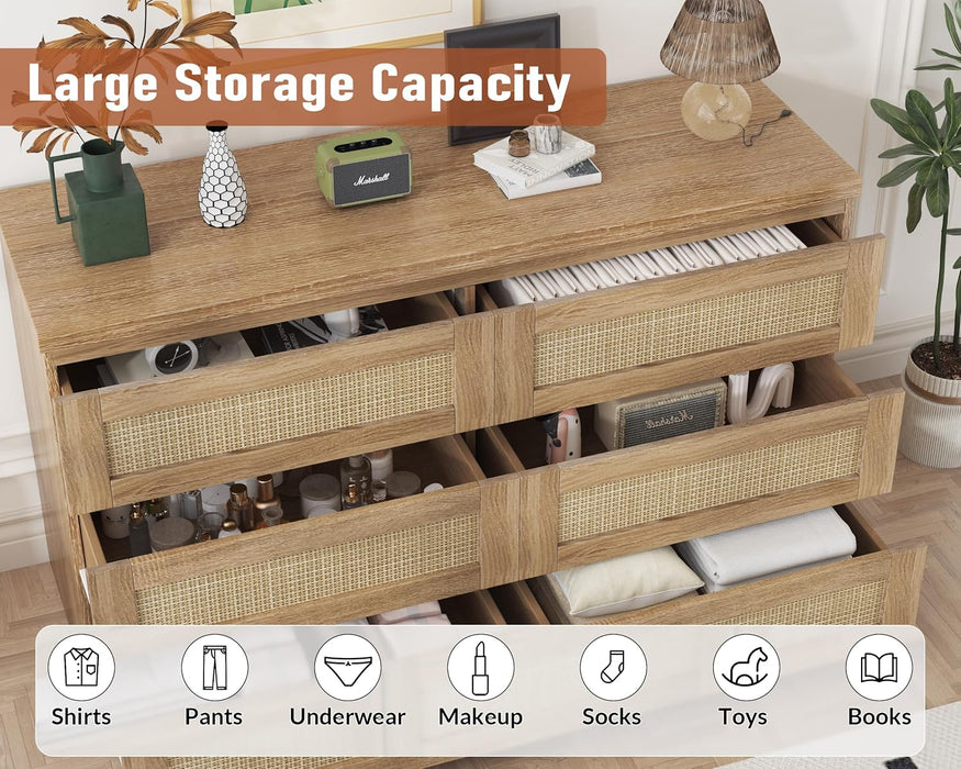 Rattan 6-Drawer Dresser for Bedroom - Slim Wooden Chest of Drawers, Durable Freestanding Storage Organizer Cabinet for Living Room and Entryway, Oak