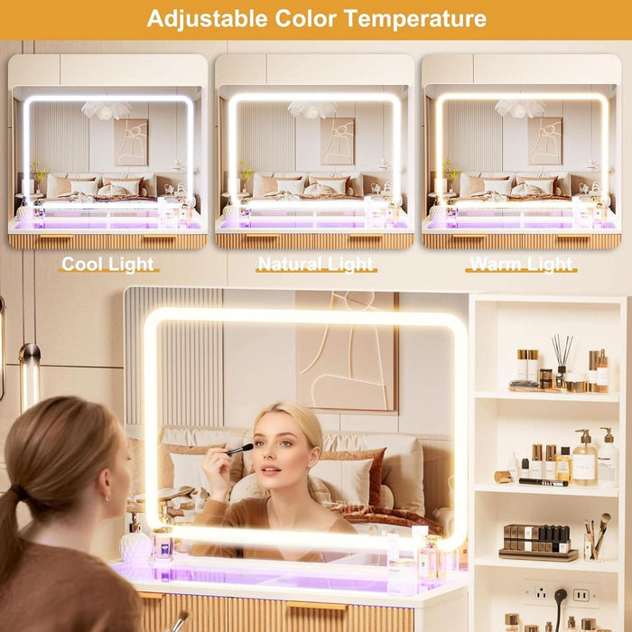 44" Vanity Desk with Mirror and Lights, Makeup Vanity Desk with Power Outlet, Makeup Desk with 5 Drawers&Storage Shelves, Vanity Table 3 Color Adjustable Brightness Dressing Table Set for Bedroom