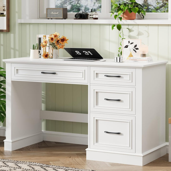 Farmhouse 47" Executive Desk with File Drawer, Computer Desk with 4 Drawers, Workstation for Writing, Study, Home Office, Cream White.