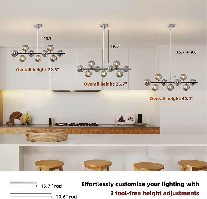 Mid Century Modern Sputnik Chandeliers,9-Light Dining Room Light Fixture | Globe Smoke Grey Glass Dining Room Chandeliers,Chrome Long Linear Sputnik Ceiling Light,Modern Pendant Light Kitchen Island