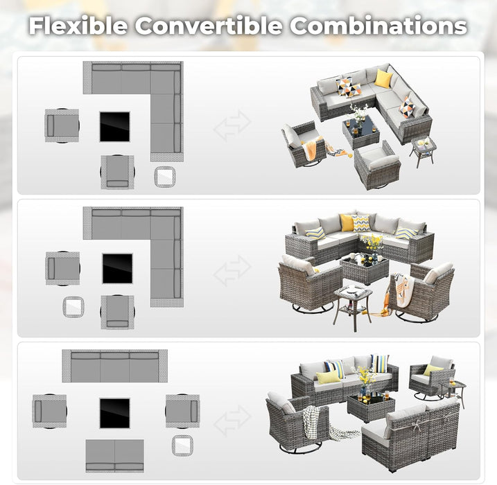 9 Pieces Patio Furniture Set, Outdoor Wicker Sectional Sofa with 2 Swivel Chairs Coffee Table, Modern Modular Deep Seat Rattan Couch Conversation Sets, Beige