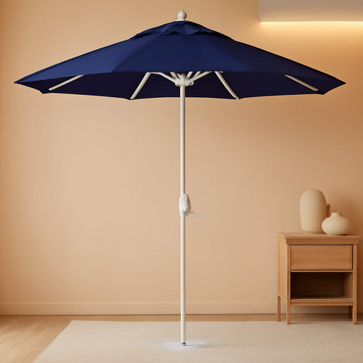 12-Year-Non-Fading, 9Ft Premium Sunbrella Patio Umbrella, Hand-Crank, Button-Tilt, White Frame, Navy Fabric