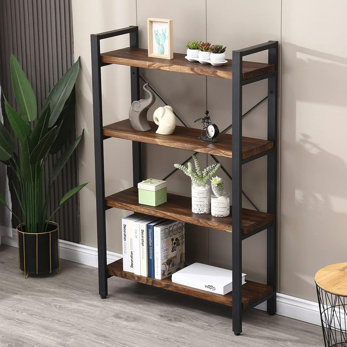 Solid Wood Bookshelf,4 Tier Rustic Vintage Industrial Etagere Bookcase, Open Metal and Wood Vintage Book Shelf, Retro Brown (Realwood)(4-Tier)