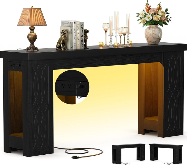 63" Console Table with Outlet, Farmhouse Entryway Table with Colorful LED Lights, Wooden Sofa Table with Unique Carved Design, Foyer Accent Table for Entrance, Hallway, Living Room