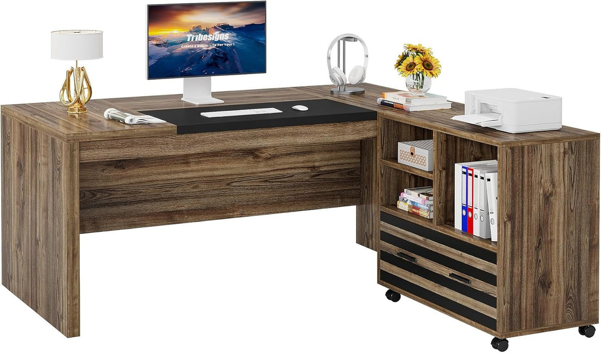 62.2" Executive Desk with Mobile File Cabinet, L - Shaped Office Desk with Storage Shelves, Large Computer Desk Business Workstation Set for Home Office, Light Brown - ShipItFurniture