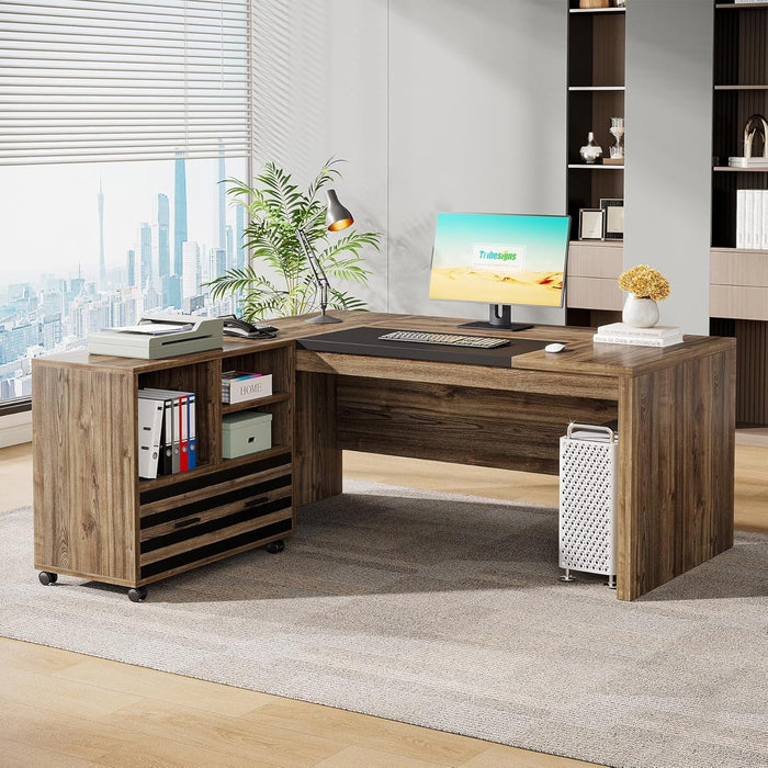 62.2" Executive Desk with Mobile File Cabinet, L - Shaped Office Desk with Storage Shelves, Large Computer Desk Business Workstation Set for Home Office, Light Brown - ShipItFurniture