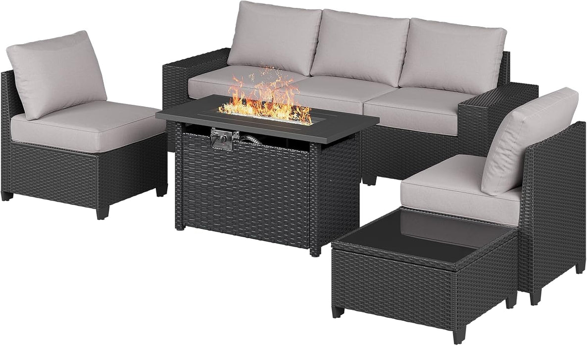 Outdoor Patio Furniture Set with 44'' Fire Pit Table, 7 Pcs Outdoor Sectional with 4In Thicken Cushion, Widen Armrests Wicker for Backyard, Grey