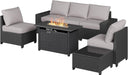 Outdoor Patio Furniture Set with 44'' Fire Pit Table, 7 Pcs Outdoor Sectional with 4In Thicken Cushion, Widen Armrests Wicker for Backyard, Grey