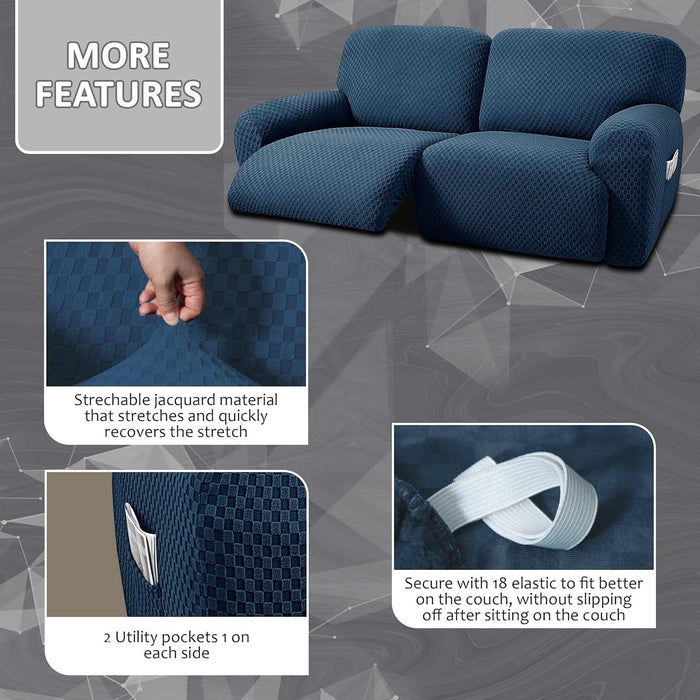 Extra Wide 75" - 100", Reclining 2 Seater Sofa, Extra Wide Reclining Love Seat Slipcover, 6-Piece Jacquared Fabric, Reclining Sofa Covers, Thick, Soft, Washable (Navy)(Style 1)