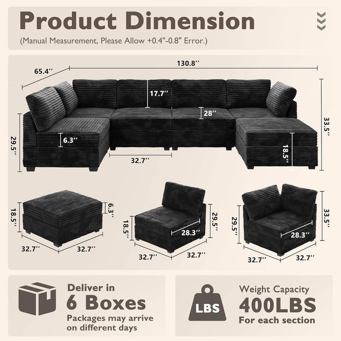 Modular Sectional Sofa Black Corduroy Convertible Sleeper