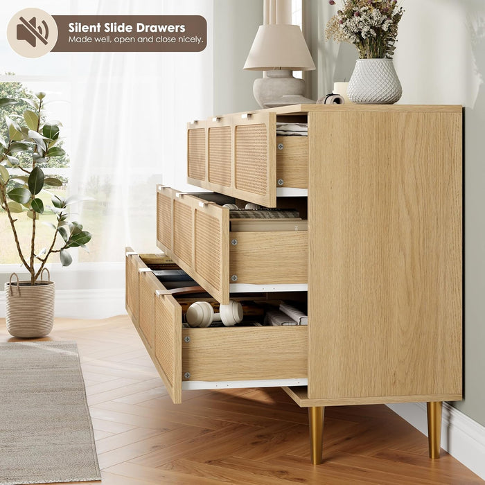 Rattan 9 Drawer Dressers for Bedroom, Tall Dresser with Deep Drawers, Large Chest of Drawers for Closet with Wide Top, Long Wooden Dresser for Living Room, Hallway, Kids Room, Natural