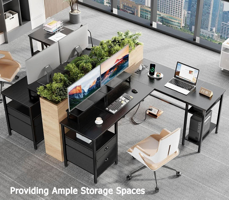 FiftyNineInch LShaped Desk With Black StorageDrawers Unit