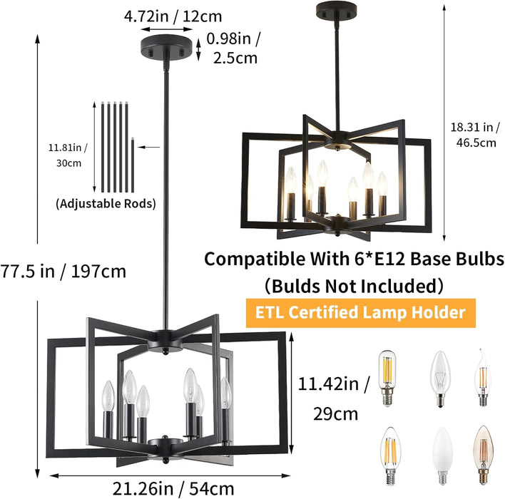 Black Chandelier, Dining Room Light Fixture Geometric Metal Modern Industrial Chandelier Lighting for Farmhouse Living Room Entryway Kitchen (E12 Bulbs Not Included, 6 Light)