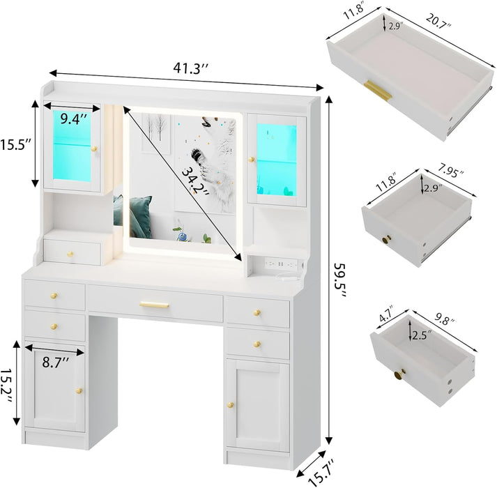 White Makeup Vanity Desk with Mirror and Lights, Large Vanity Table Set with Charging Station, Dressing Table with RGB Cabinets, Makeup Vanity Mirror with Light Desk and Drawers, 3 LED Light Modes