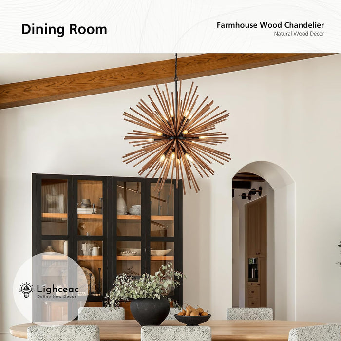 37.4" Farmhouse Sputnik Chandelier for Dining Room Rustic Handmade Natural Wood 18-Light Hanging Ceiling Pendant Light Fixture Starburst Wood Chandeliers for Kitchen Bedroom Foyer Hallway