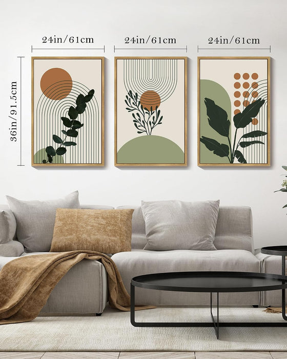 Boho Plant Wall Art Green Botanical Bohemain Framed Wall Printing 24X36In Abstract Canvas Prints with Leaf & Sun Lines Bedroom Living Room Decor - Natural Framed