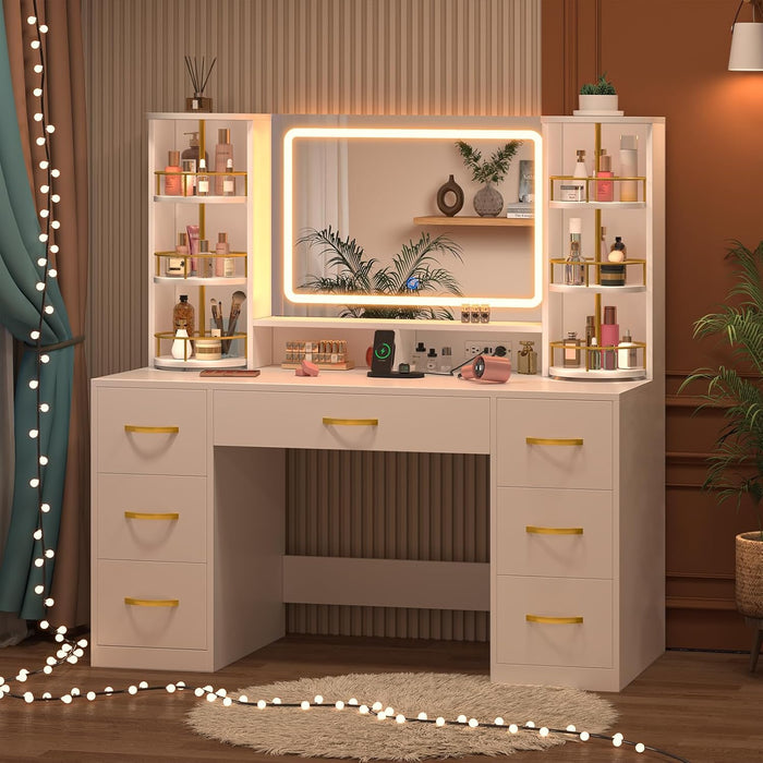 Vanity Desk with LED Mirror and 360 Rotating Makeup Organizer Shelves, White Makeup Vanity with Lights & Charging Station, Large Vanity Table with 6 Storage Drawers Bedroom Makeup Desk for Women Girls