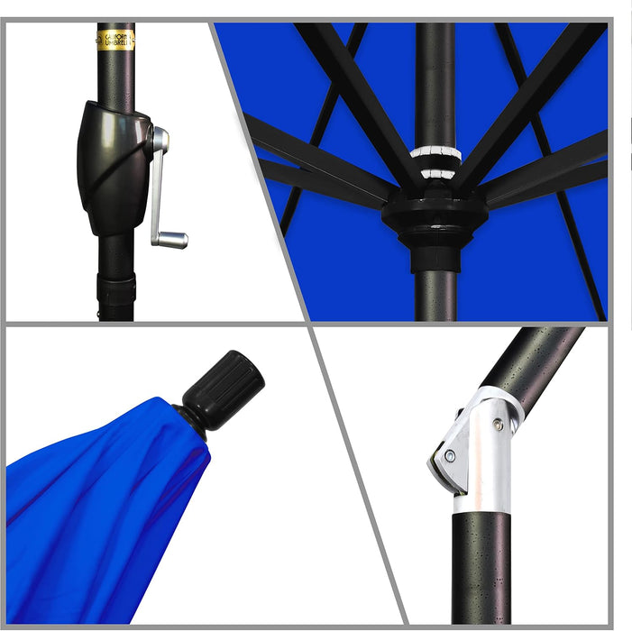 9' round Aluminum Market Umbrella, Crank Lift, Push Button Tilt, Black Pole, Sunbrella Pacific Blue
