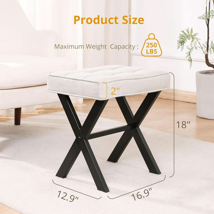 Ottoman Foot Stool Vanity Stool, Square Linen X-Leg Foot Rest Ottoman Makeup Stool, Small Stool Chair for Vanity, Modern Padded Vanity Seat for Makeup Room, Living Room, Bathroom, Linen Color