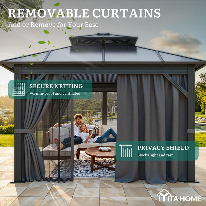 10X10FT Polycarbonate Hardtop Gazebo Outdoor Patio Double Top Canopy Galvanized Iron Metal Column Garden Tent Curtains Netting for Backyards Decks Lawns,Gray