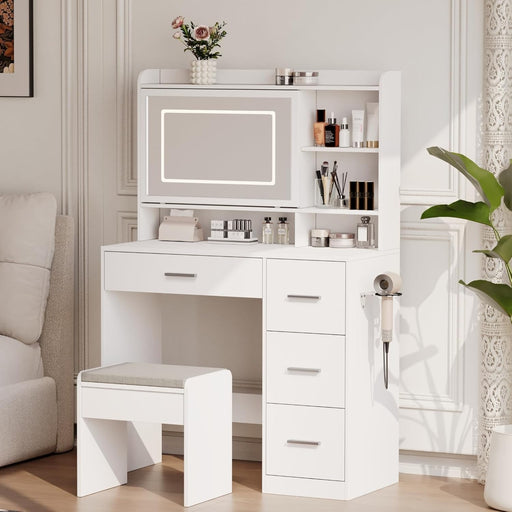 Vanity Desk with a Mirror and Lights，With Chair and Four Drawers, Three Adjustable Lighting Modes，With Power Outlet and Sliding LED Mirror,Bedroom Vanity Desk (White)