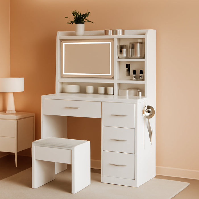 Vanity Desk with a Mirror and Lights，With Chair and Four Drawers, Three Adjustable Lighting Modes，With Power Outlet and Sliding LED Mirror,Bedroom Vanity Desk (White)