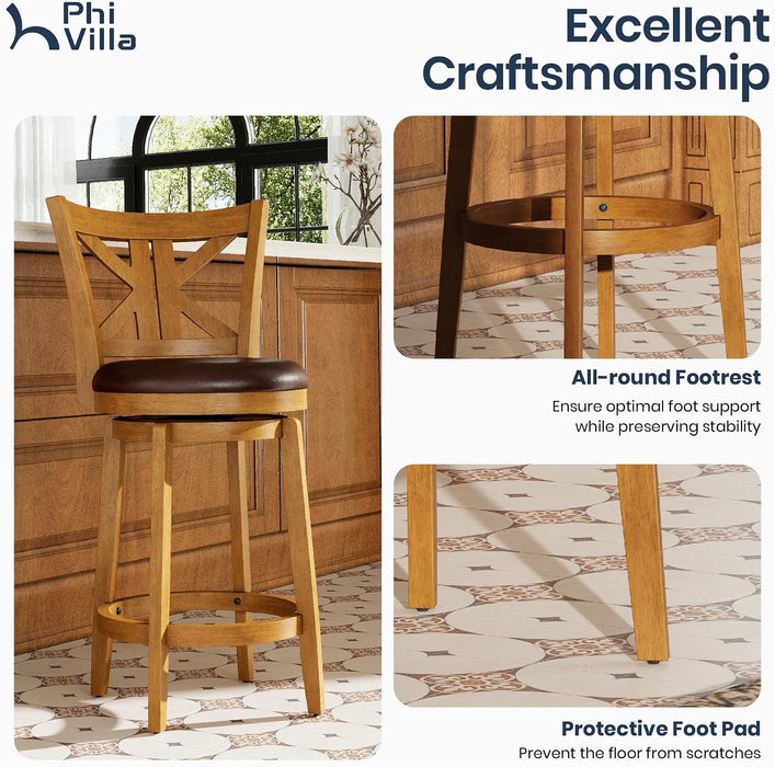 26 Inch Swivel Bar Stools Set of 2, Counter Height Bar Stools | Wooden Bar Stools, Faux Leather Kitchen Stools, Counter Height Chairs with Solid Wood Legs & Wrap-Around Footrest