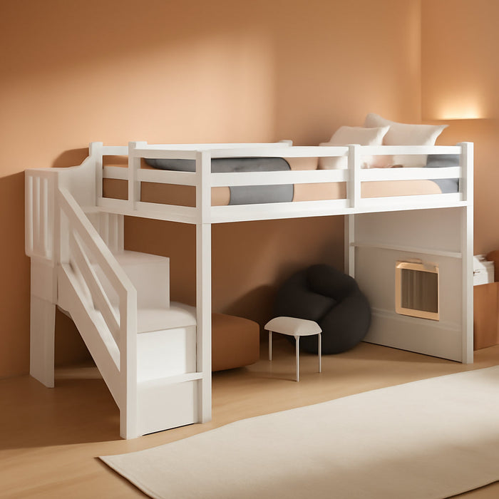 Low Loft Bed with Stairs, Twin Size Storage Loft Bed Frame with Staircase and Window, Wood Kids Loft Bed with Steps for Boys Girls Teens, White