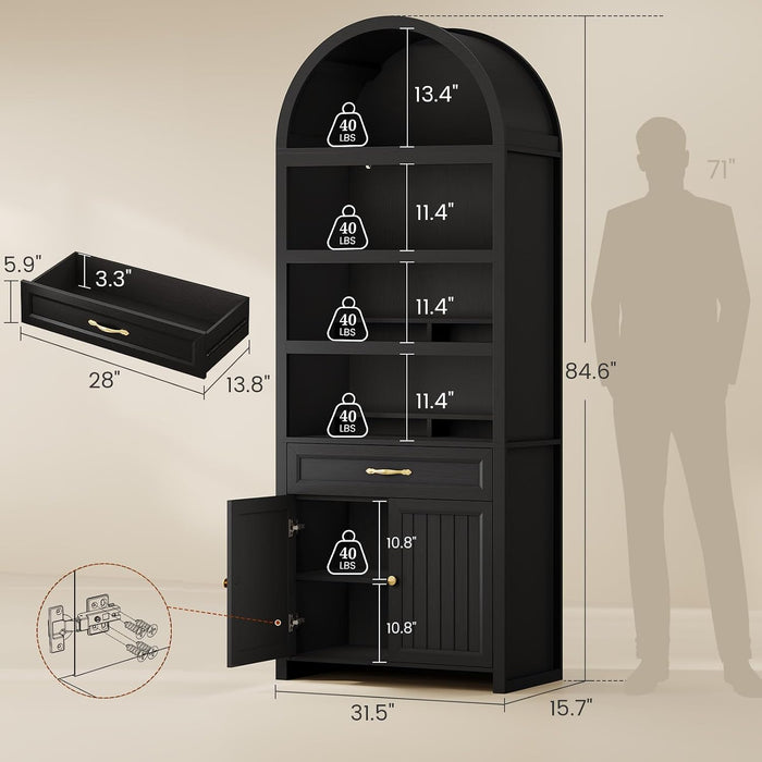 2 Pcs 84.2" Tall Arched Cabinets,Bookcase with Drawer Storage,Mid-Century Modern 6-Tier Bookshelf, 2 Book Risers and Adjustable Shelves Offering More Storage Space for Living Room,Kitchen, Black