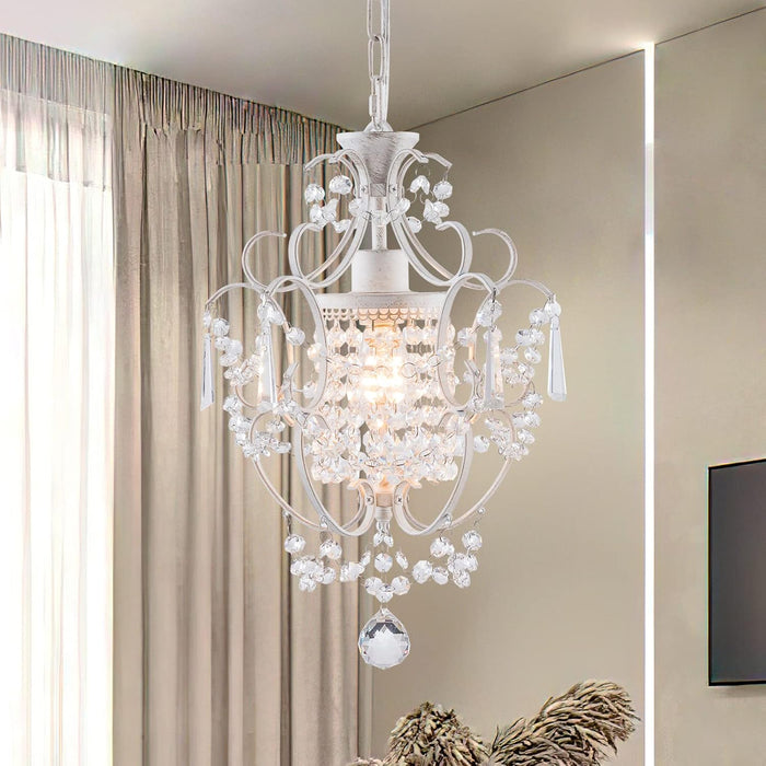 Modern Mini Chandelier,White Retro Crystal Light Fixtures Ceiling Mount 1 Light Small Crystal Chandeliers for Bedroom Elegant Hanging Lighting for Girls Room Dining Room Closet Kitchen Island
