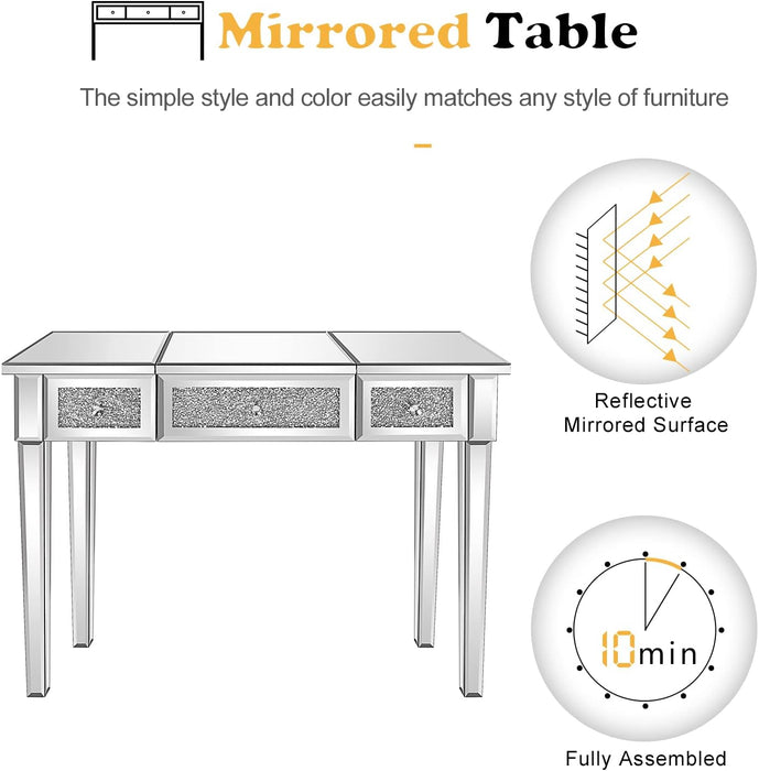 Silver Mirrored Vanity Desk, Glass Vanity W/Drawers and Flip Mirror, Bling Mirror Vanity Desk for Women Girls Bedroom, Makeup Room & Office Writing Desk