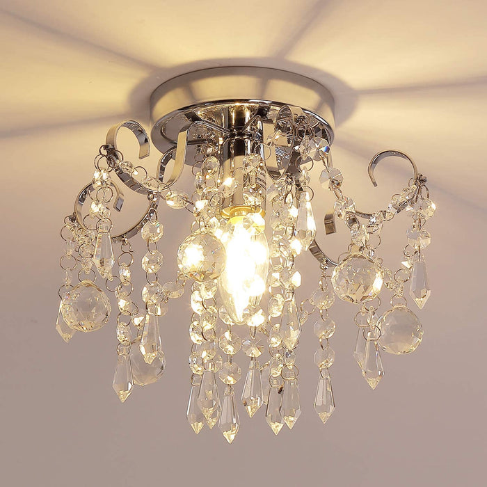 Small Crystal Chandelier Flush Mount Ceiling Light Fixtures Modern Mini Chandelier Light Fixture for Hallway Entryway Bedroom Bathroom Kitchen,Chrome Metal,Clear K9 Crytal