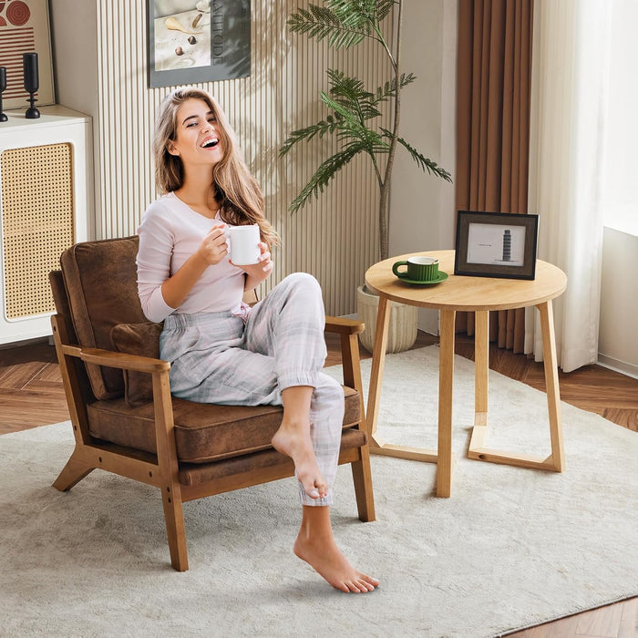 Accent Chair Wide Armrest Mid-Century Lounge Chair Bronzing Cloth Armchair with Lumbar Pillow & Solid Wood Frame for Living Room, Bedroom, Balcony, Brown