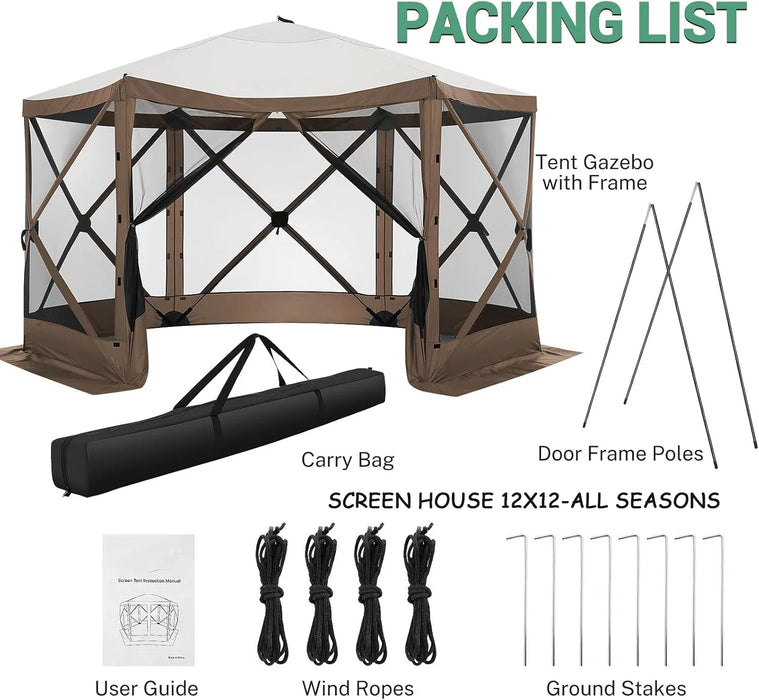 12X12 Pop up Canopy Gazebo, Outdoor Canopy Tent Screen House with 6 Sidewalls and Netting for Camping, Waterproof, UV Resistant, Ez Set-Up Party Tent with Carrying Bag and Ground Stakes,Brown