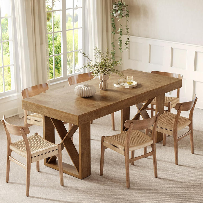 63-Inch Dining Table for 4 People, Farmhouse Thick Appearance Design, Rustic Rectangle Kitchen Dinner Table for Dining Room, Living Room, Yellowish Brown