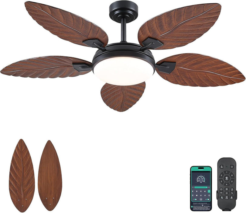52 Inch Tropical Ceiling Fans with Lights and Remote,Outdoor Palm Leaf Ceiling Fan for Patios Porch Bedroom, Dimmable, 6 Speeds, Reversible, Dark Brown
