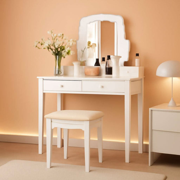 Vanity Desk with Mirror and Lights, Makeup Vanity Table with Swivel Mirror, 3-Color Dimmable LED Lights, 4 Drawers, Girls Bedroom Makeup Dressing Table with Stool (White)