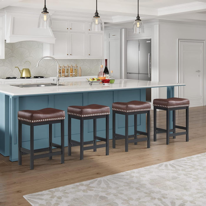 Brown Bar Stools Set of 2, Counter Height Bar Stool, Saddle Barstools, Pu Leather Stools with Metal Frame for Kitchen Island, 918P-BR