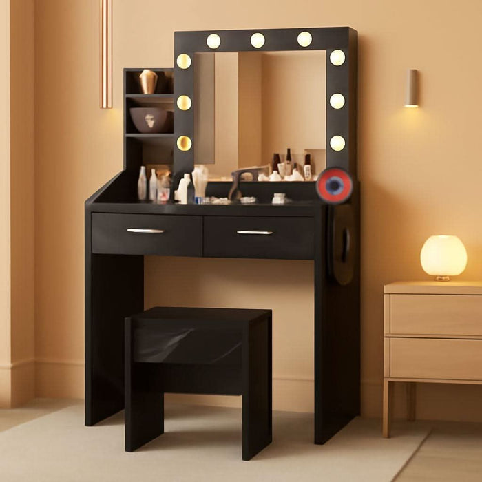 Vanity Desk with Mirror and Lights for Bedroom, Marble Black Modern Makeup Table with 2 Drawers, 3 Light Modes & Dimmable LED, Includes Stool