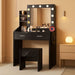 Vanity Desk with Mirror and Lights for Bedroom, Marble Black Modern Makeup Table with 2 Drawers, 3 Light Modes & Dimmable LED, Includes Stool