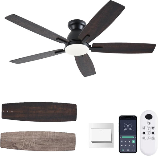 52 Inch Brown Modern Ceiling Fans with Lights, Low Profile Ceiling Fan with Remote/App Control, DC Reversible Motor, Dimmable LED Ceiling Fans for Bedroom,Indoor/Outdoor