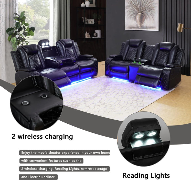 Power Leather Recliner Sofa Sets, 2 Pieces Living Room Furniture Sets with LED Lights, Grey Reclining Sofa Sets with USB Port for House/Office/Rv(C-Black, Sofa+Loveseat)